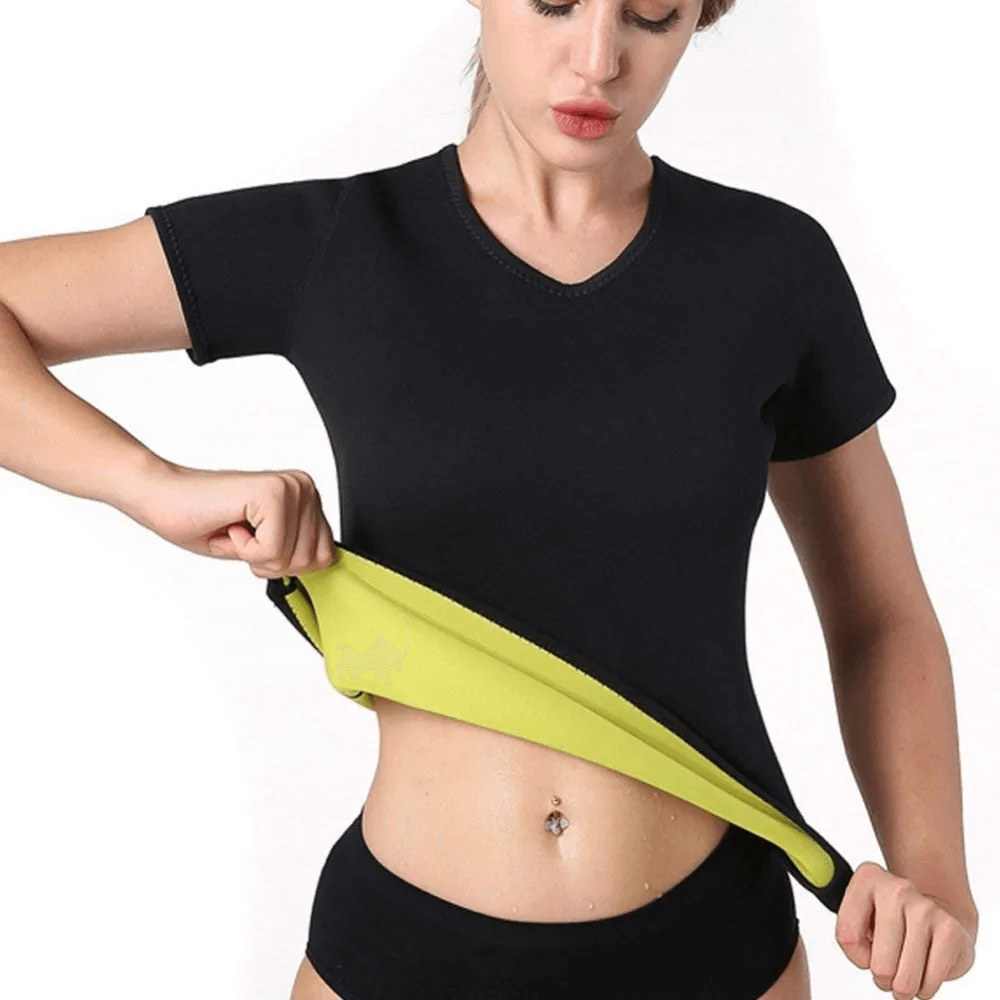 Woman wearing Sauna Sweat Enhancing T-Shirt SF2245, showing its thermal shaper design for weight loss and intense workouts.